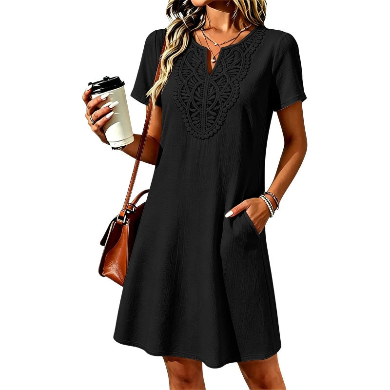 Damen Bohemian Spitzen V-Ausschnitt T-Shirt-Kleid