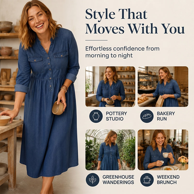 Maxikleid aus Denim mit Knopfleiste für Damen in Übergrößen