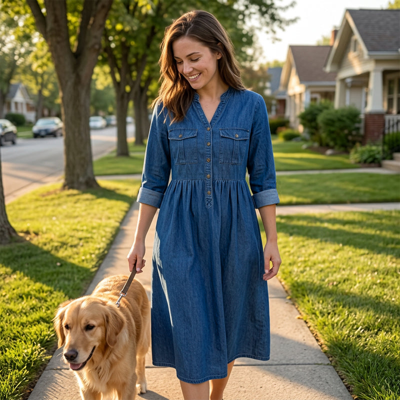 Maxikleid aus Denim mit Knopfleiste für Damen in Übergrößen
