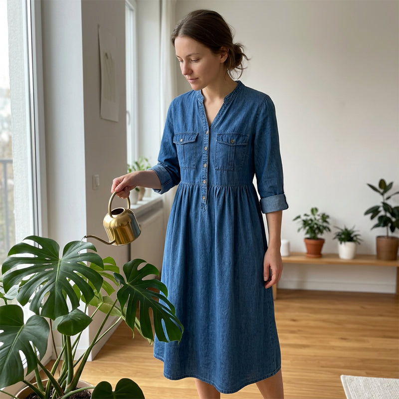 Maxikleid aus Denim mit Knopfleiste für Damen in Übergrößen