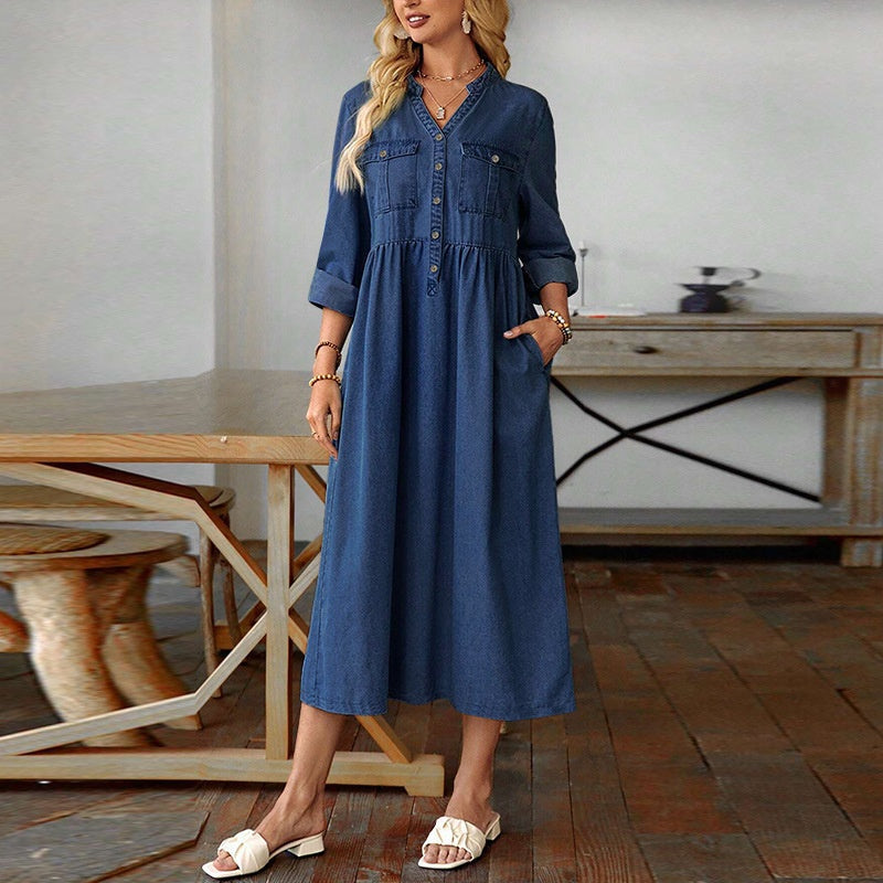 Maxikleid aus Denim mit Knopfleiste für Damen in Übergrößen