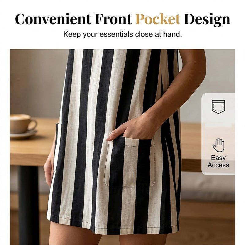 Damen Ärmelloses Gestreiftes Rundhals-Minikleid mit Taschen