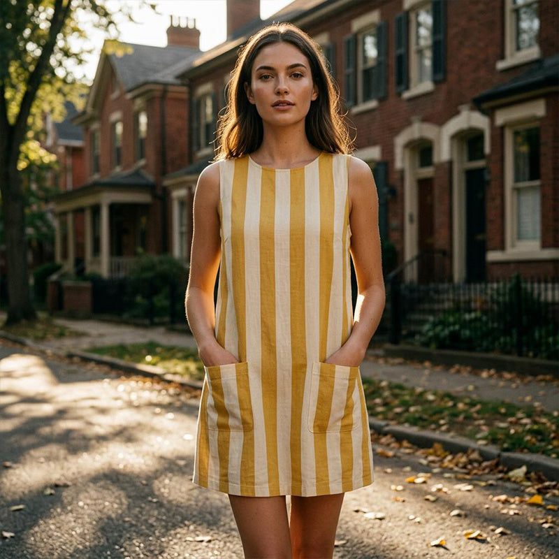Damen Ärmelloses Gestreiftes Rundhals-Minikleid mit Taschen