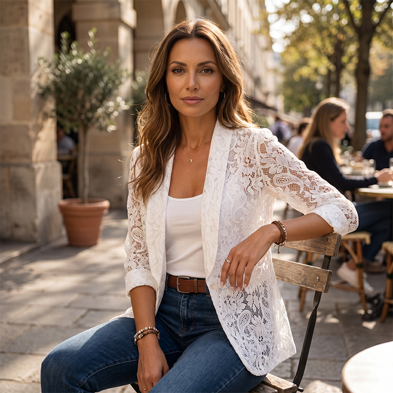 👗Eleganter Damenblazer aus Spitzenstoff mit Blumenmuster – Elegantes, leichtes Kleidungsstück, das sich vom Büro bis zum Abend tragen lässt✨