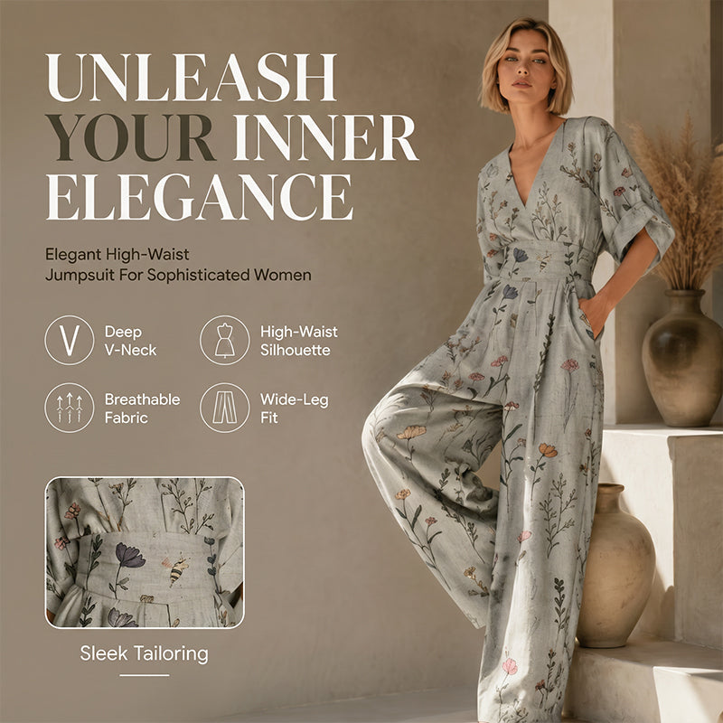 Damen elegantes V-Ausschnitt-Print-Jumpsuit