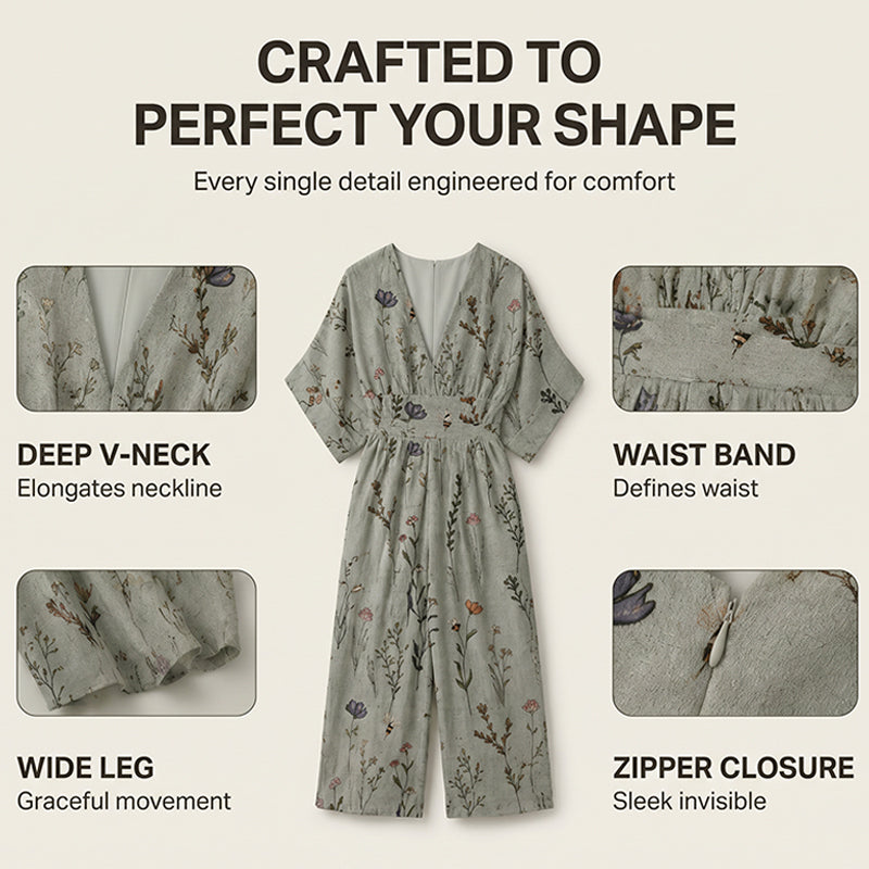 Damen elegantes V-Ausschnitt-Print-Jumpsuit