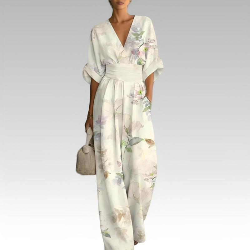 Damen elegantes V-Ausschnitt-Print-Jumpsuit