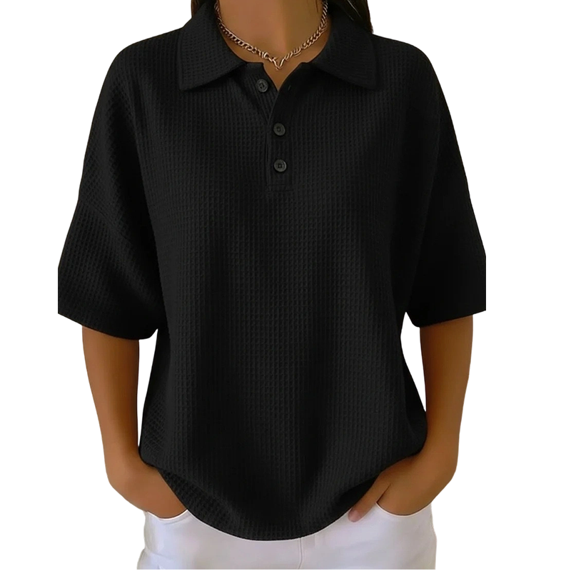 Damen locker sitzendes knöpfbares Kragen-T-Shirt
