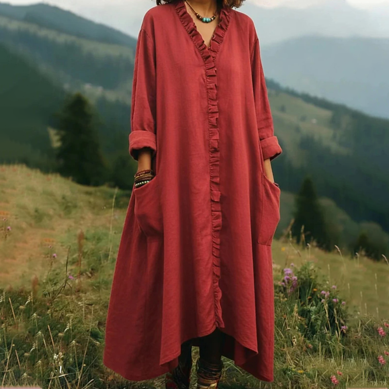 👗 🌸V-Neck Ruffle Trim Loose Maxi Dress – luftiger Schnitt, romantische Rüschen & vielseitig – perfekt für warme Tage, Strand & besondere Anlässe