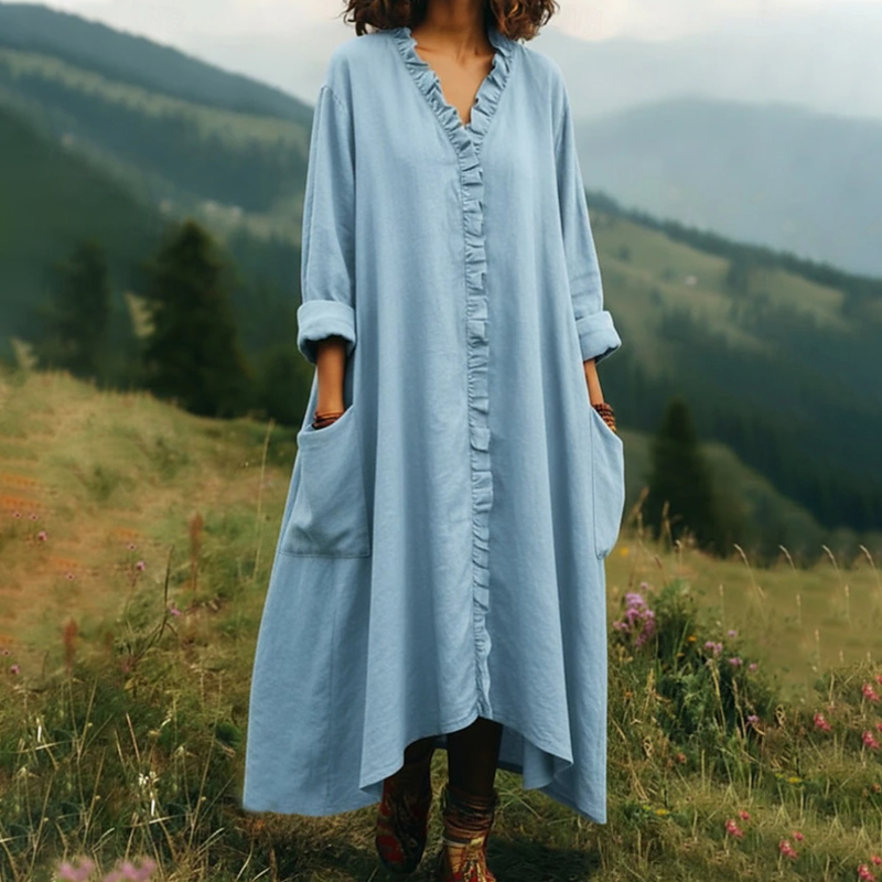 👗 🌸V-Neck Ruffle Trim Loose Maxi Dress – luftiger Schnitt, romantische Rüschen & vielseitig – perfekt für warme Tage, Strand & besondere Anlässe