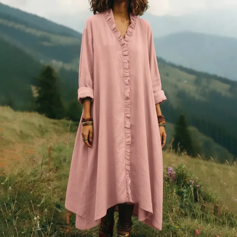 👗 🌸V-Neck Ruffle Trim Loose Maxi Dress – luftiger Schnitt, romantische Rüschen & vielseitig – perfekt für warme Tage, Strand & besondere Anlässe