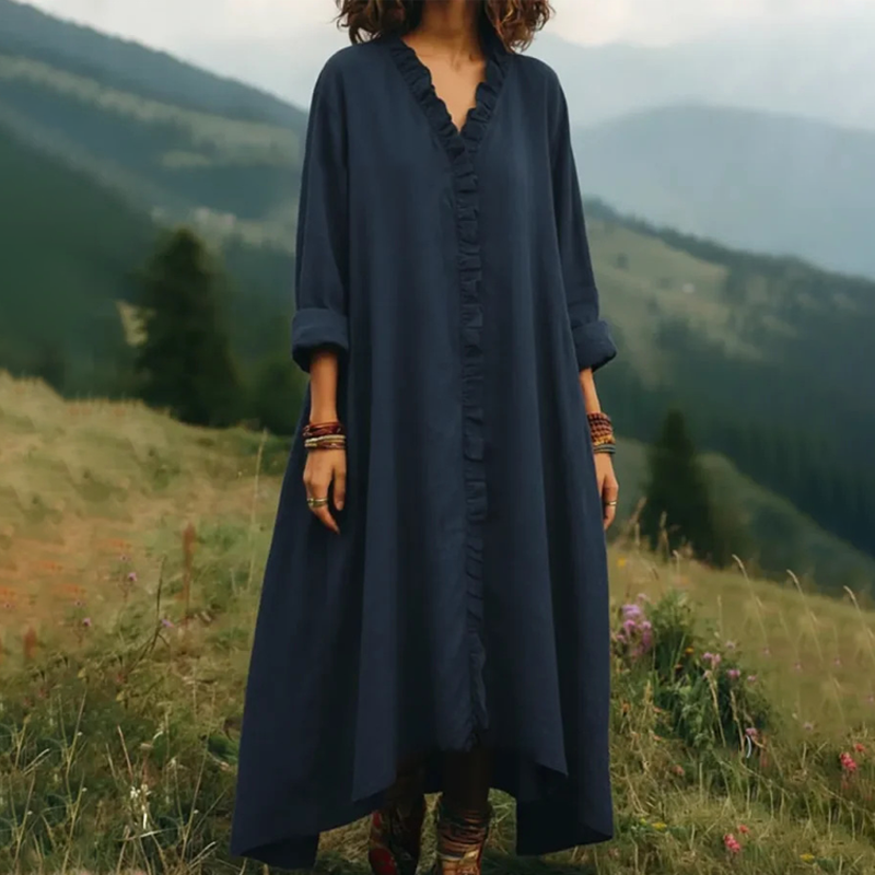 👗 🌸V-Neck Ruffle Trim Loose Maxi Dress – luftiger Schnitt, romantische Rüschen & vielseitig – perfekt für warme Tage, Strand & besondere Anlässe