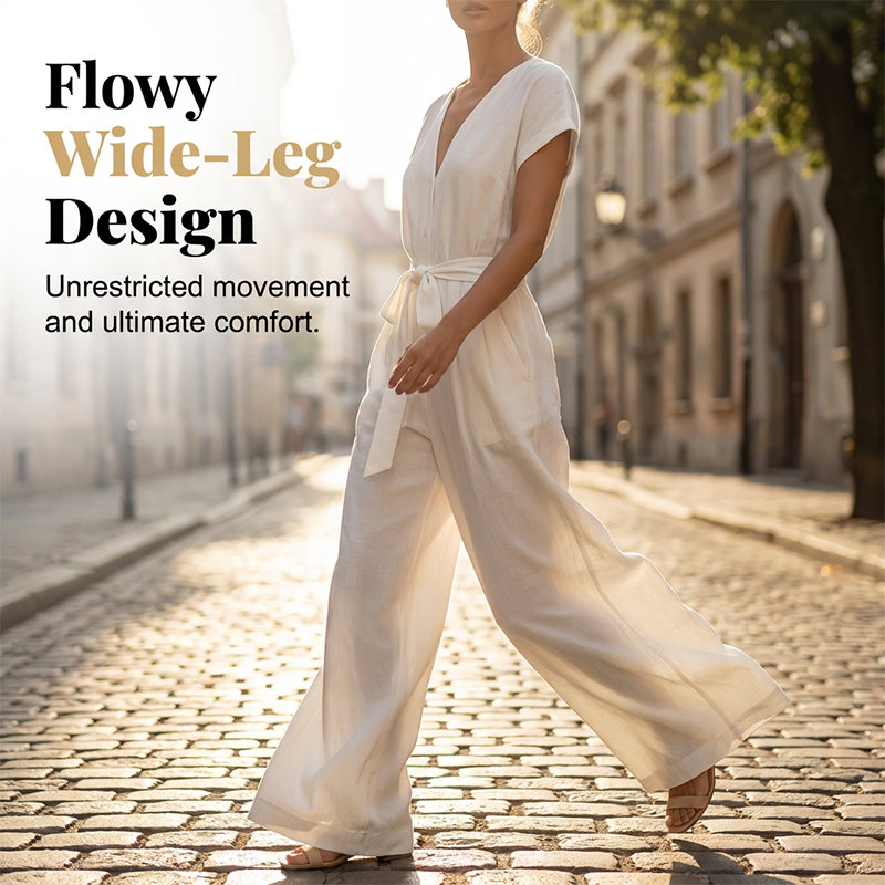 Damen V-Ausschnitt Weitbein-Jumpsuit mit Taillenschleife