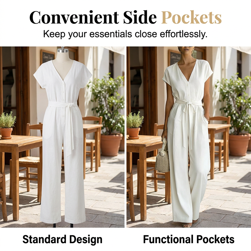 Damen V-Ausschnitt Weitbein-Jumpsuit mit Taillenschleife
