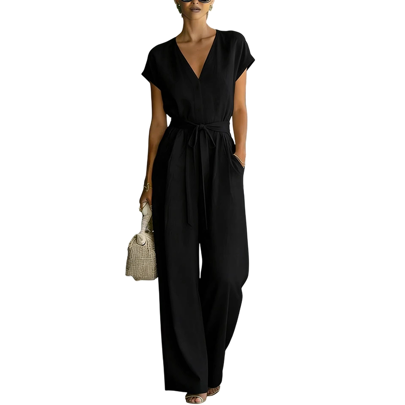 Damen V-Ausschnitt Weitbein-Jumpsuit mit Taillenschleife