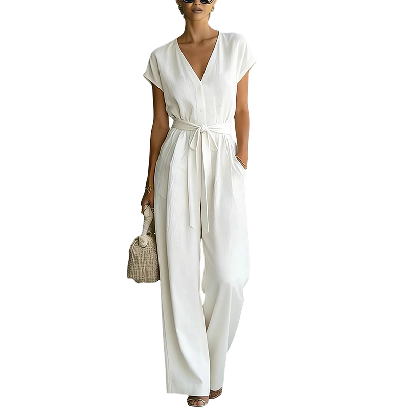 Damen V-Ausschnitt Weitbein-Jumpsuit mit Taillenschleife