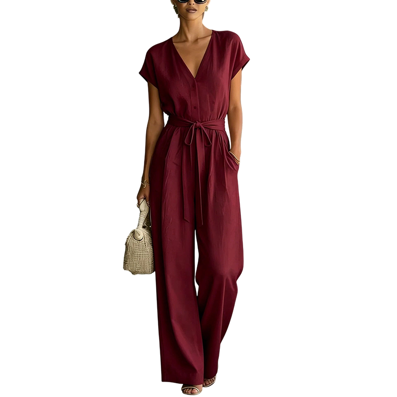 Damen V-Ausschnitt Weitbein-Jumpsuit mit Taillenschleife