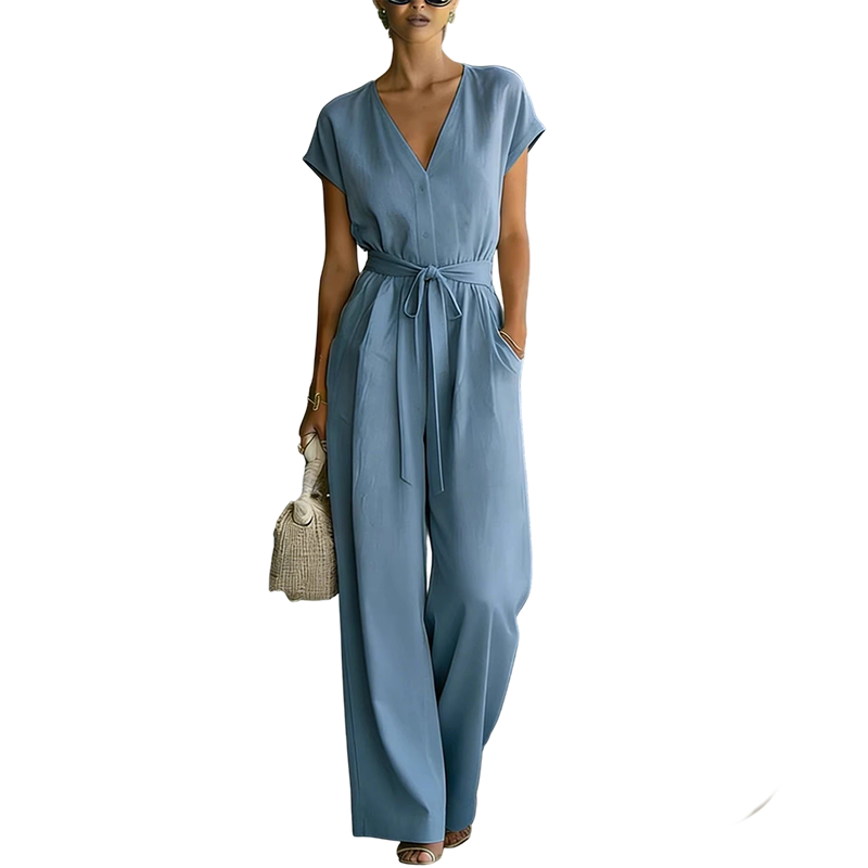 Damen V-Ausschnitt Weitbein-Jumpsuit mit Taillenschleife