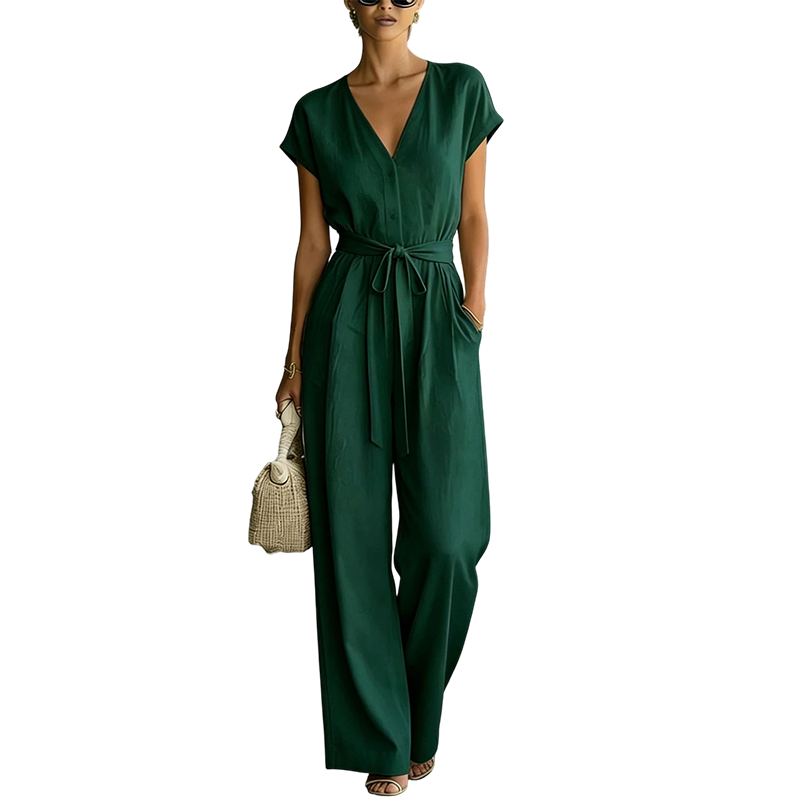 Damen V-Ausschnitt Weitbein-Jumpsuit mit Taillenschleife