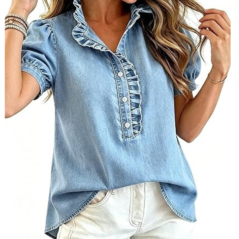 🚨 Eilmeldung: 50% endet heute Nacht! Jeans-Oberteil für Damen mit Rüschenkragen