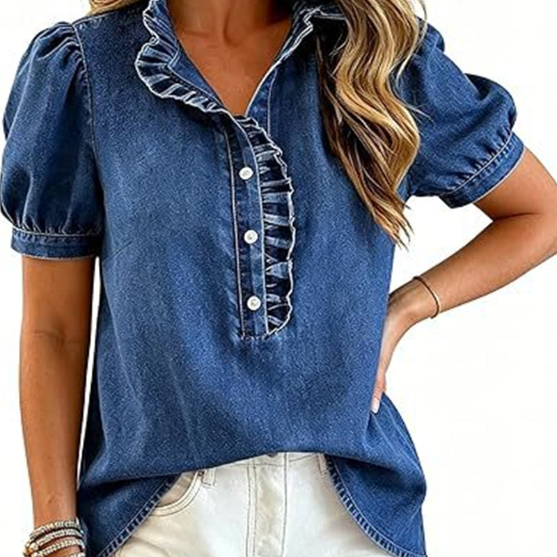 🚨 Eilmeldung: 50% endet heute Nacht! Jeans-Oberteil für Damen mit Rüschenkragen