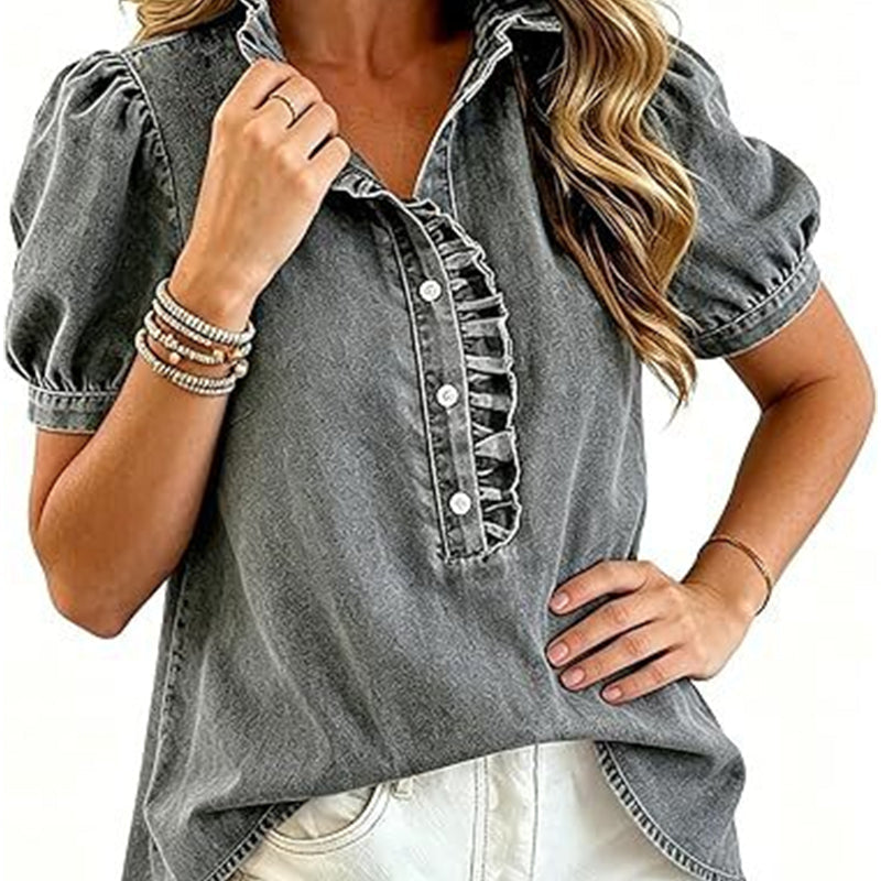 🚨 Eilmeldung: 50% endet heute Nacht! Jeans-Oberteil für Damen mit Rüschenkragen