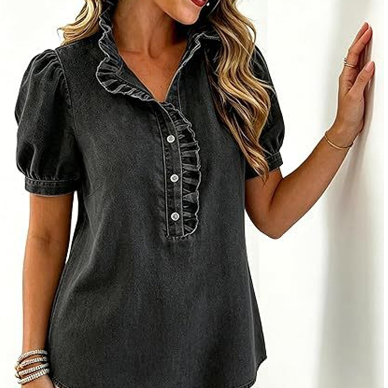 🚨 Eilmeldung: 50% endet heute Nacht! Jeans-Oberteil für Damen mit Rüschenkragen