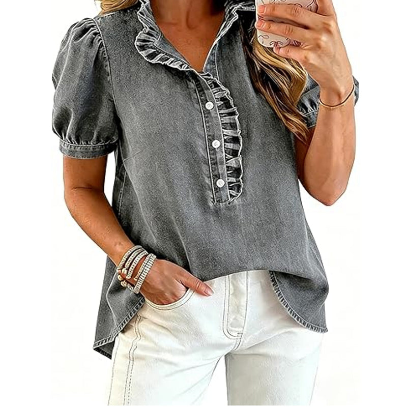 🚨 Eilmeldung: 50% endet heute Nacht! Jeans-Oberteil für Damen mit Rüschenkragen
