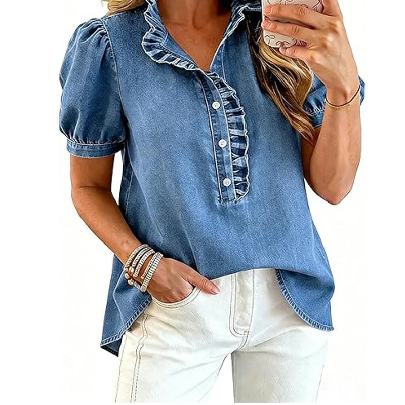 🚨 Eilmeldung: 50% endet heute Nacht! Jeans-Oberteil für Damen mit Rüschenkragen