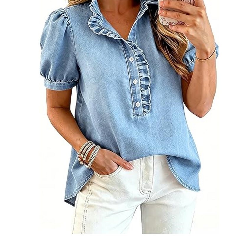 🚨 Eilmeldung: 50% endet heute Nacht! Jeans-Oberteil für Damen mit Rüschenkragen