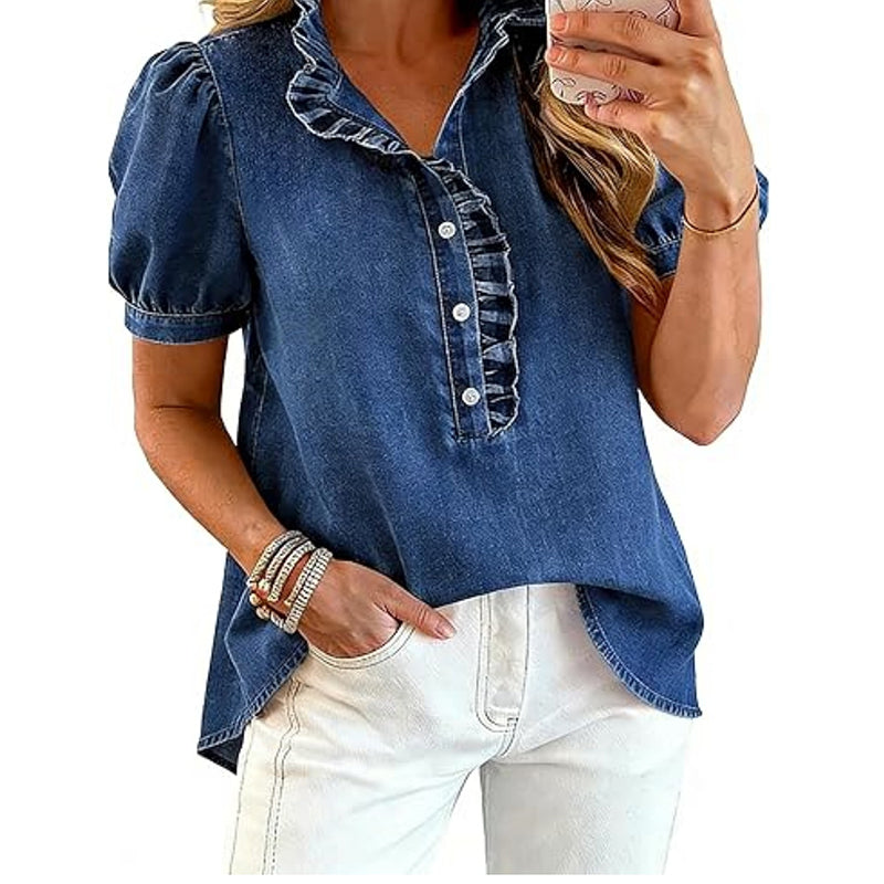 🚨 Eilmeldung: 50% endet heute Nacht! Jeans-Oberteil für Damen mit Rüschenkragen