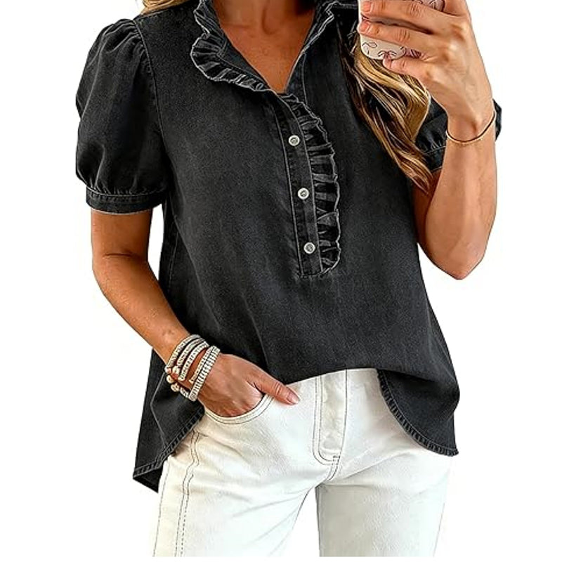 🚨 Eilmeldung: 50% endet heute Nacht! Jeans-Oberteil für Damen mit Rüschenkragen