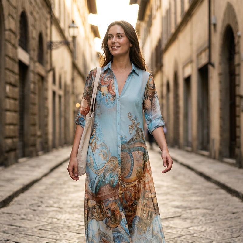 👗✨ EXKLUSIV – 50% RABATT! Elegantes Boho-Kleid mit Knopfleiste – Retro-Muster, fließende Silhouette & perfekt für Feste, Urlaub & Alltag 🌿