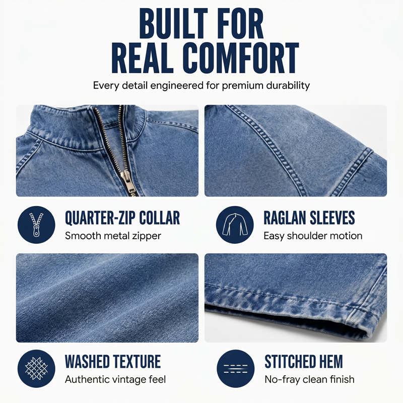 ⌛ Nur solange Vorrat reicht – danach regulärer Preis! Vintage-Denim-T-Shirt mit halbem Reißverschluss für Herren