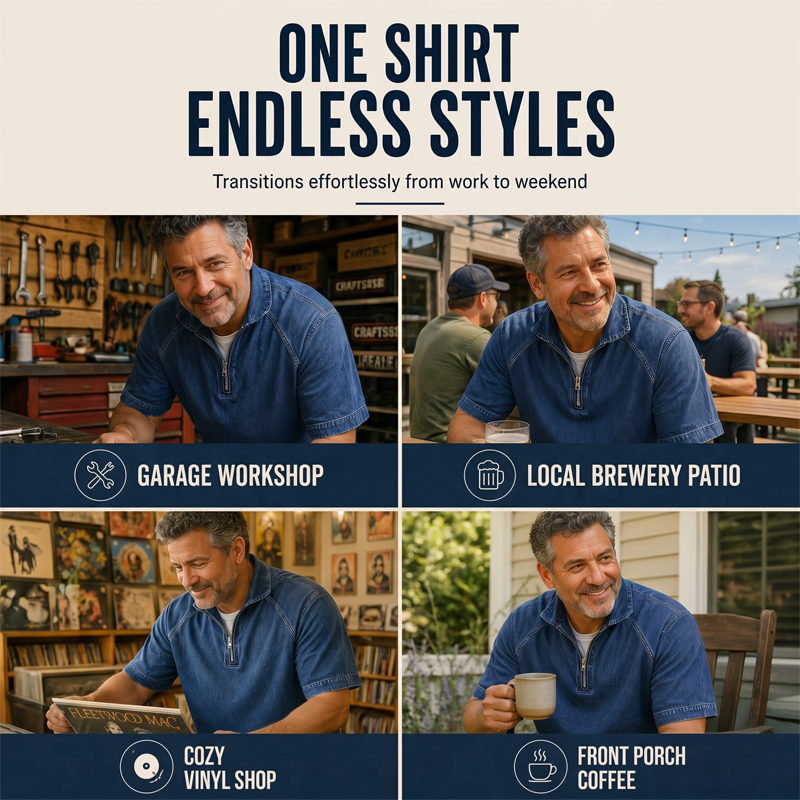 ⌛ Nur solange Vorrat reicht – danach regulärer Preis! Vintage-Denim-T-Shirt mit halbem Reißverschluss für Herren