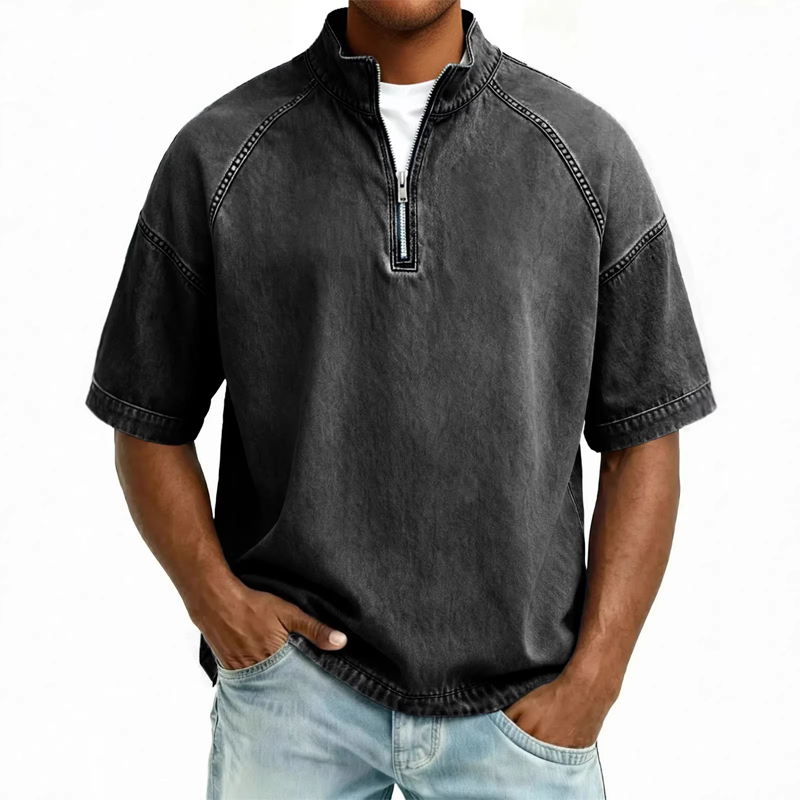 ⌛ Nur solange Vorrat reicht – danach regulärer Preis! Vintage-Denim-T-Shirt mit halbem Reißverschluss für Herren