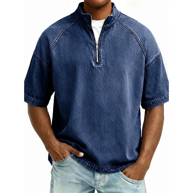 ⌛ Nur solange Vorrat reicht – danach regulärer Preis! Vintage-Denim-T-Shirt mit halbem Reißverschluss für Herren