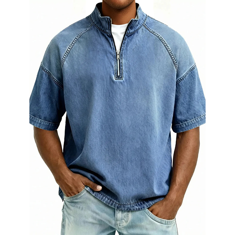 ⌛ Nur solange Vorrat reicht – danach regulärer Preis! Vintage-Denim-T-Shirt mit halbem Reißverschluss für Herren