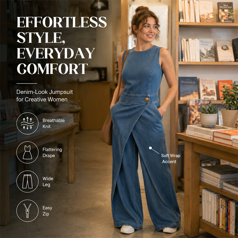 ⌛Zeitlich begrenztes Angebot – Ärmelloser, asymmetrischer Denim-Wickel-Jumpsuit für Damen