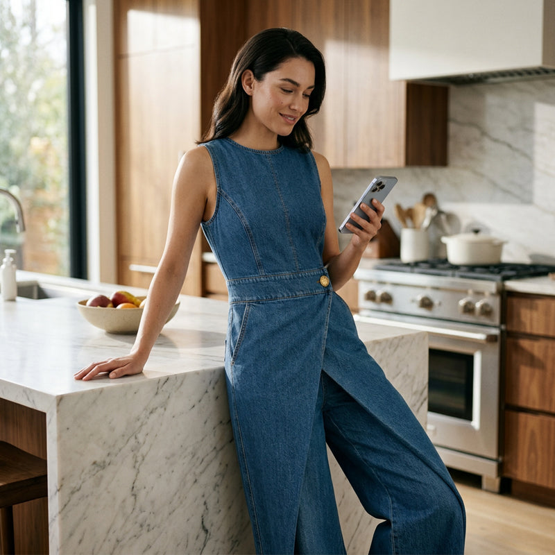 ⌛Zeitlich begrenztes Angebot – Ärmelloser, asymmetrischer Denim-Wickel-Jumpsuit für Damen