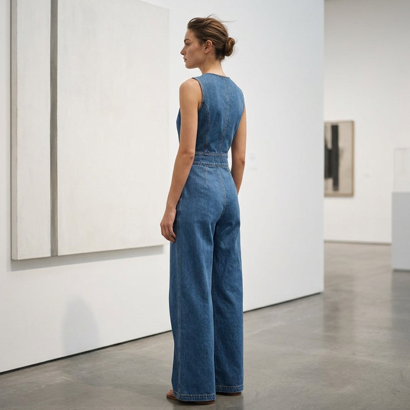 ⌛Zeitlich begrenztes Angebot – Ärmelloser, asymmetrischer Denim-Wickel-Jumpsuit für Damen