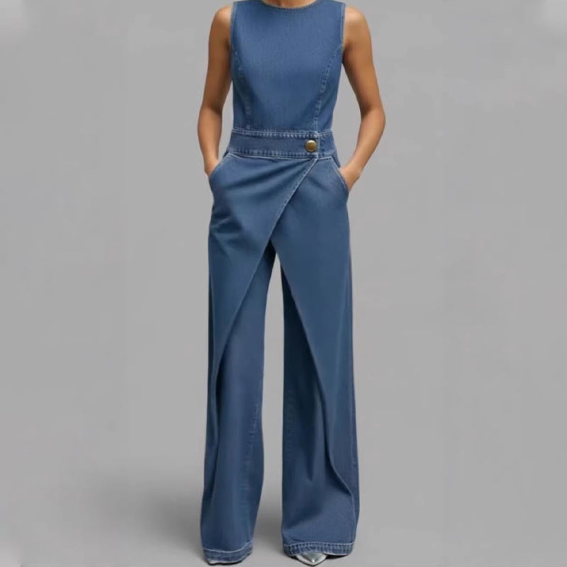 ⌛Zeitlich begrenztes Angebot – Ärmelloser, asymmetrischer Denim-Wickel-Jumpsuit für Damen