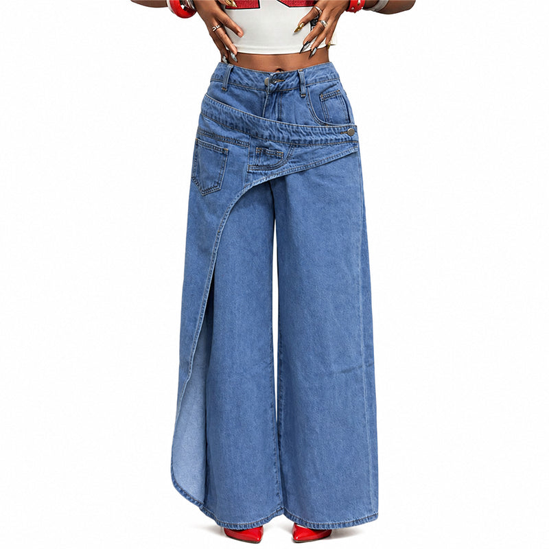 ⌛Zeitlich begrenztes Angebot – Damen asymmetrische Taillen-Weitbein-Jeans