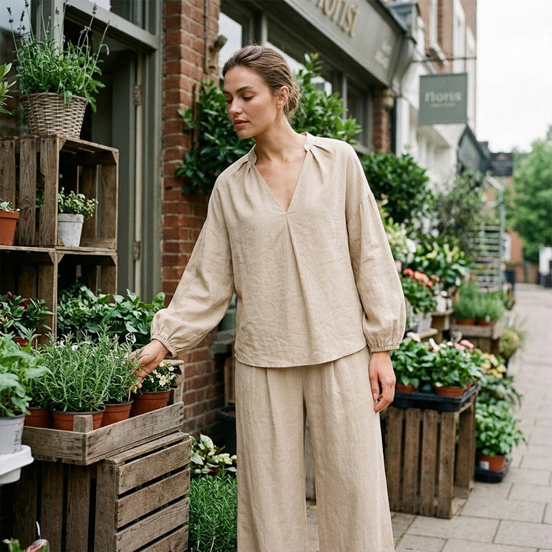 ✨Lässiges Set aus Oberteil mit V-Ausschnitt und Hose für Damen