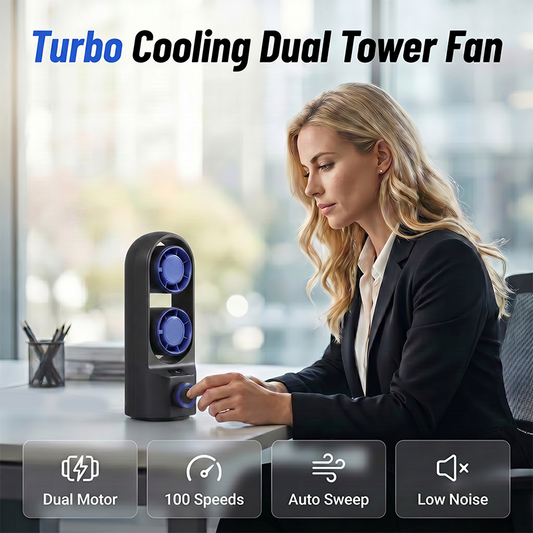 Doppelkopf-Tisch-Turmventilator mit 100-stufiger stufenloser Geschwindigkeitsregelung