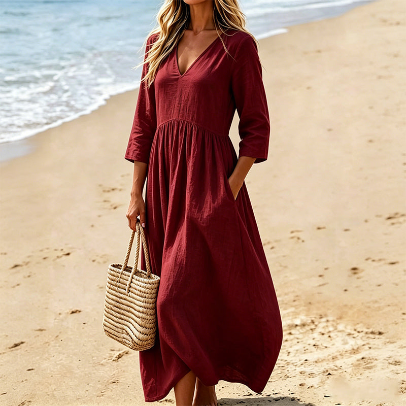 Maxikleid für Damen mit V-Ausschnitt und 3/4-Ärmeln