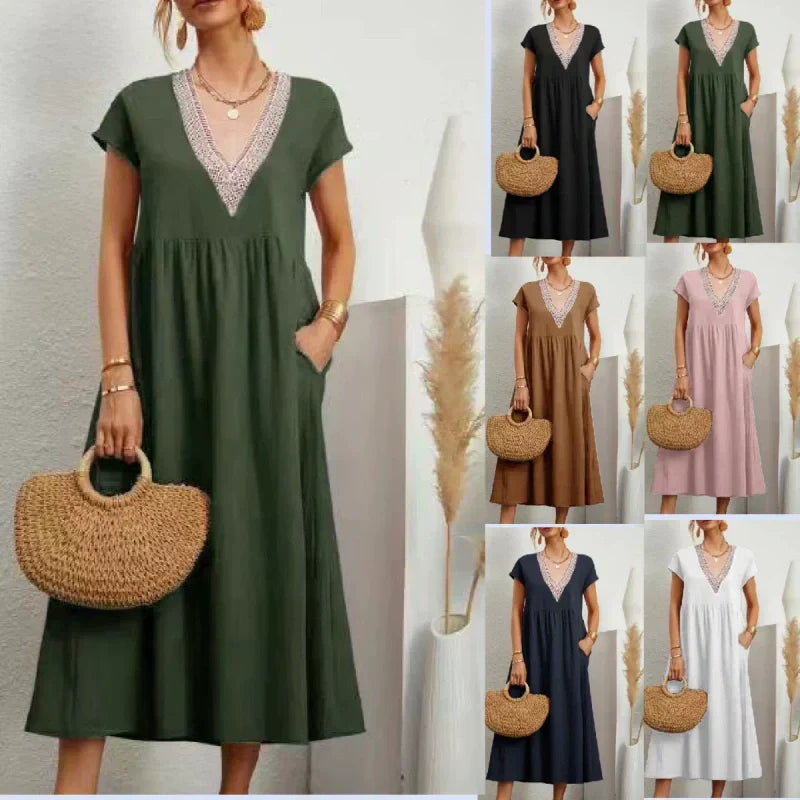 Elegantes Damenkleid mit V-Ausschnitt, kurzen Ärmeln und lockerer Passform