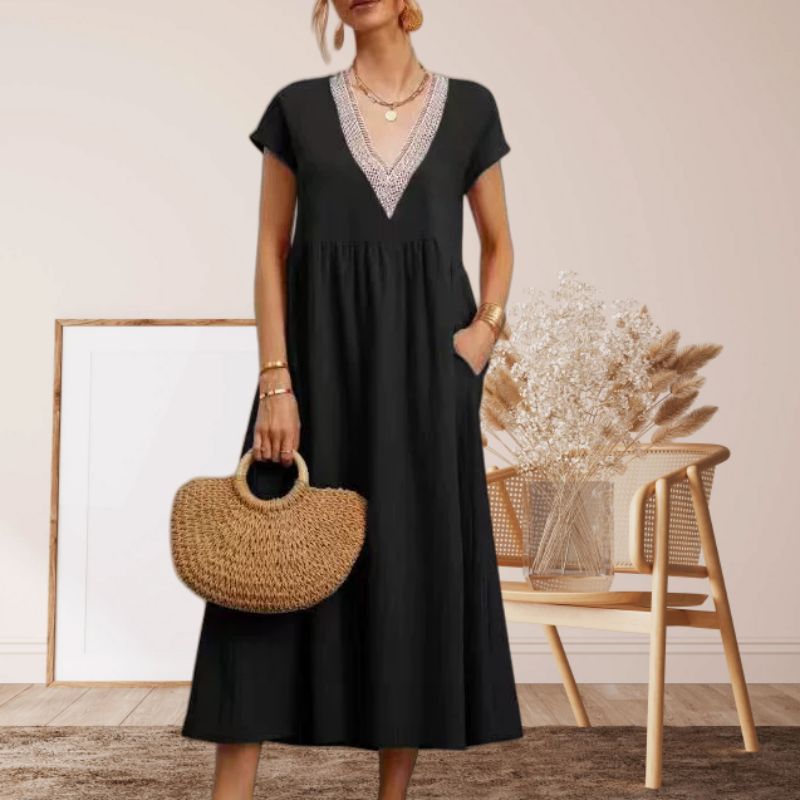 Elegantes Damenkleid mit V-Ausschnitt, kurzen Ärmeln und lockerer Passform