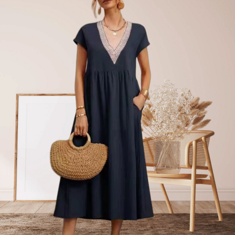 Elegantes Damenkleid mit V-Ausschnitt, kurzen Ärmeln und lockerer Passform