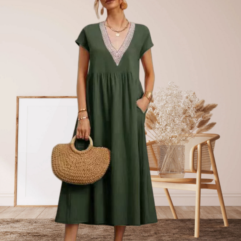 Elegantes Damenkleid mit V-Ausschnitt, kurzen Ärmeln und lockerer Passform